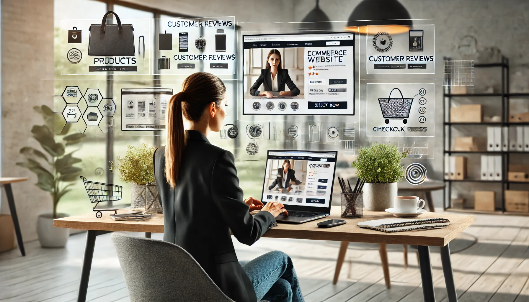 A business owner working on a Ecommerce website on a laptop in front of a modern workspace