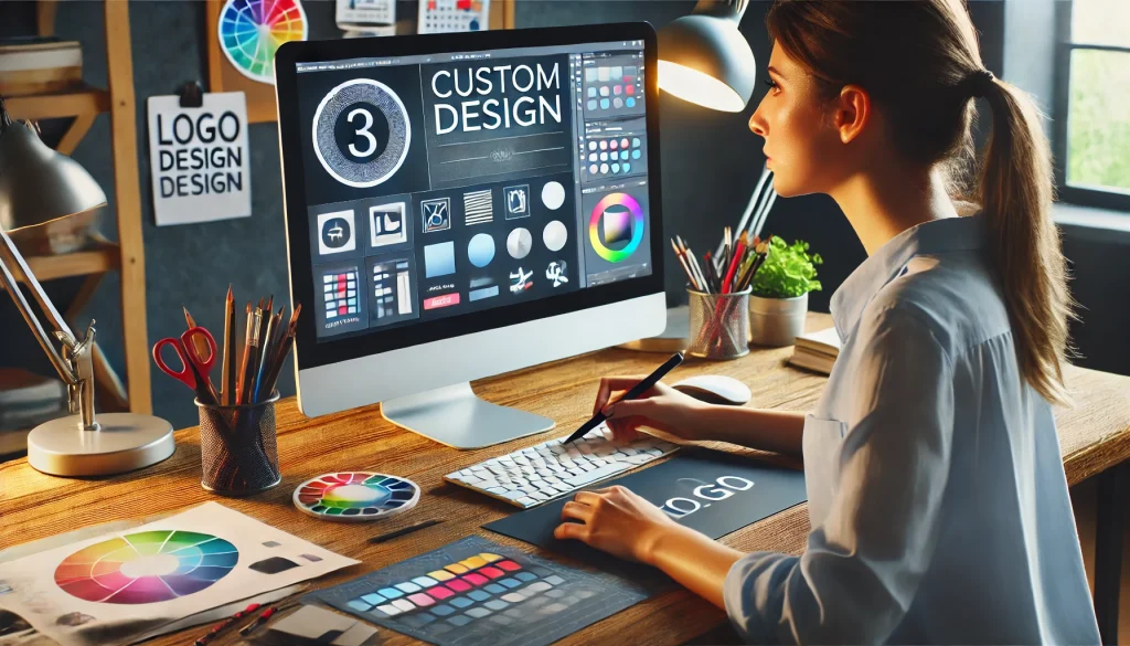 A female designer working on a computer, creating a logo.