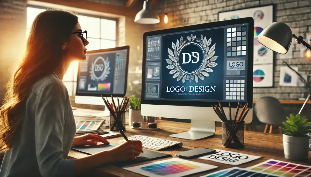 A female graphic designer working on a computer, creating a custom logo for a business.