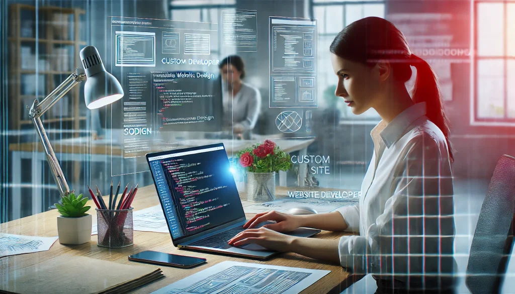Image featuring a professional web developer, a female character, working on a custom website design with a laptop open and showcasing code on the screen