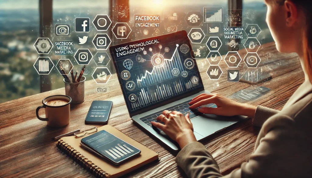 Marketer working on a laptop, analyzing social media engagement data on the screen.